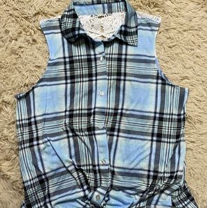 Plaid Blue Shirt Sleeveless Buttons Down Collar Laced BackTop/SizeXS